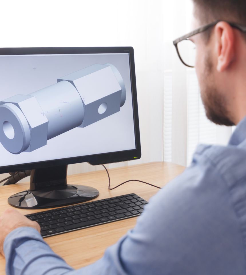 Engineer, Constructor, Designer in Glasses Working on a Personal Computer. He is Creating, Designing a New 3D Model of Mechanical Component in CAD Program. Freelance Work, LOS ANGELES, CALIFORNIA – 25.10.2019.