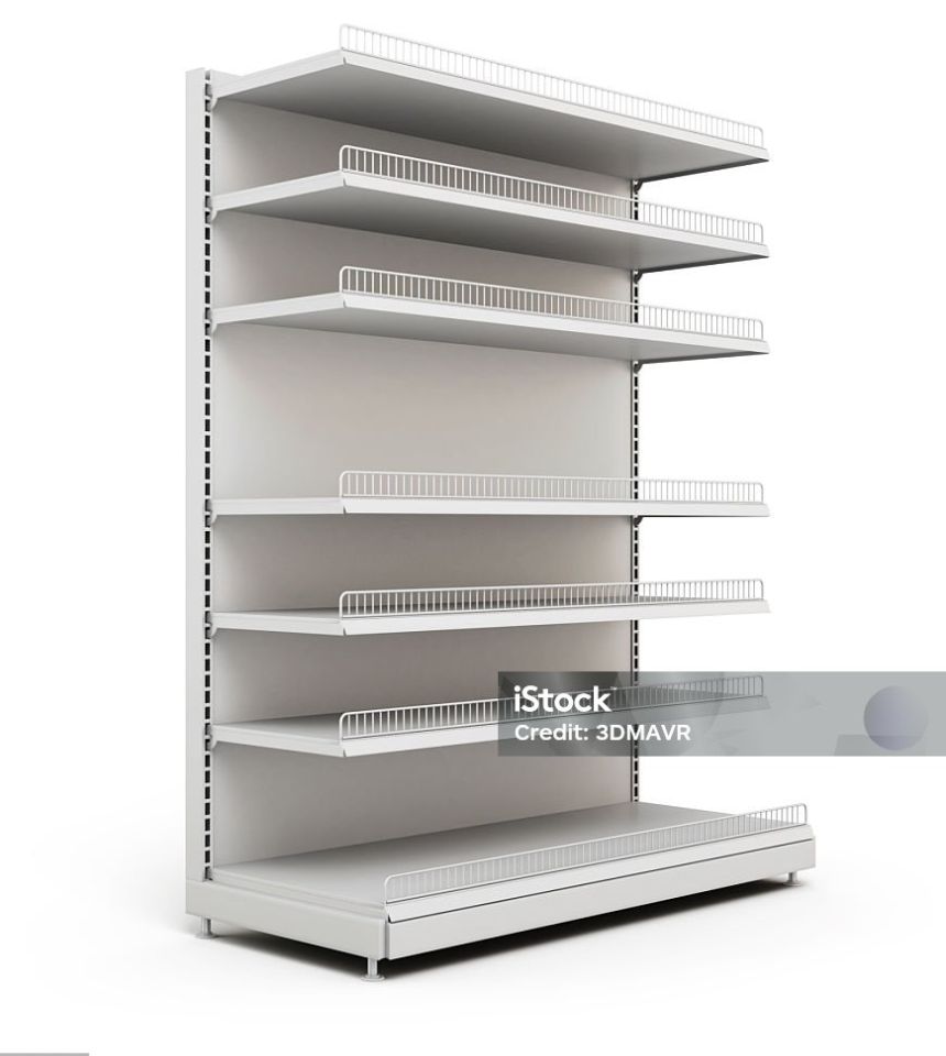 Shelves for food in the supermarket isolated on a white. 3d illustration.